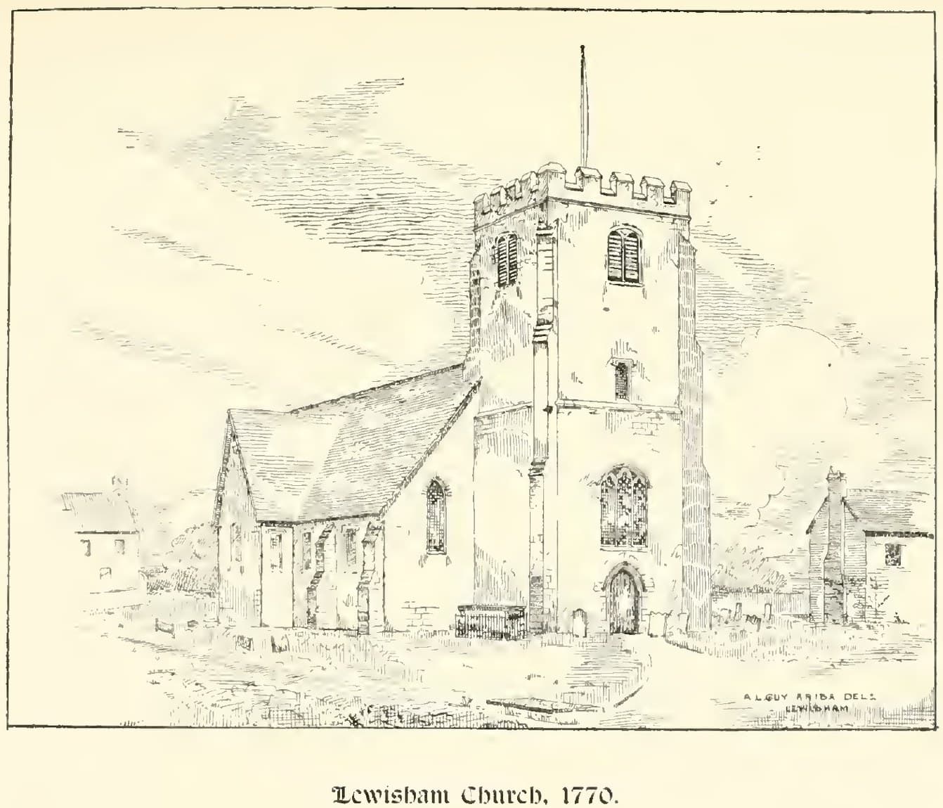 A line drawing of the medieval church at Lewisham in 1770: a battlemented tower, a long tiled nave and a porch, with headstones in the churchyard.