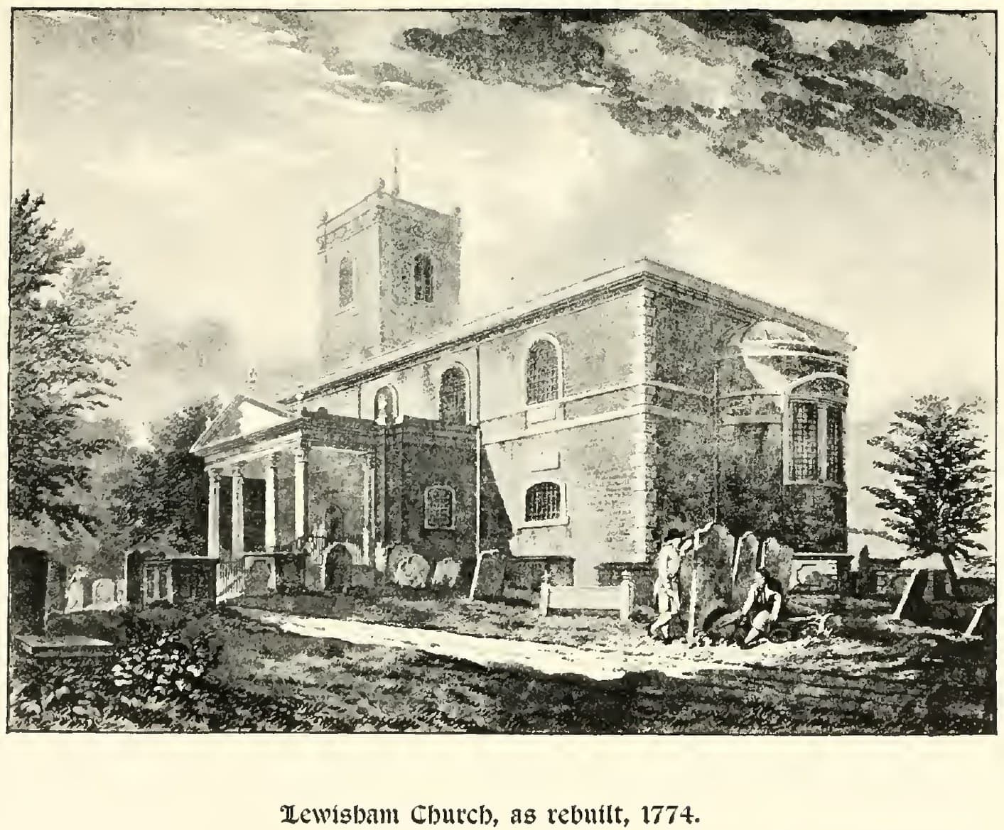 An engraving of the rebuilt Georgian church of 1774 seen across the churchyard, with figures walking among the tombs.