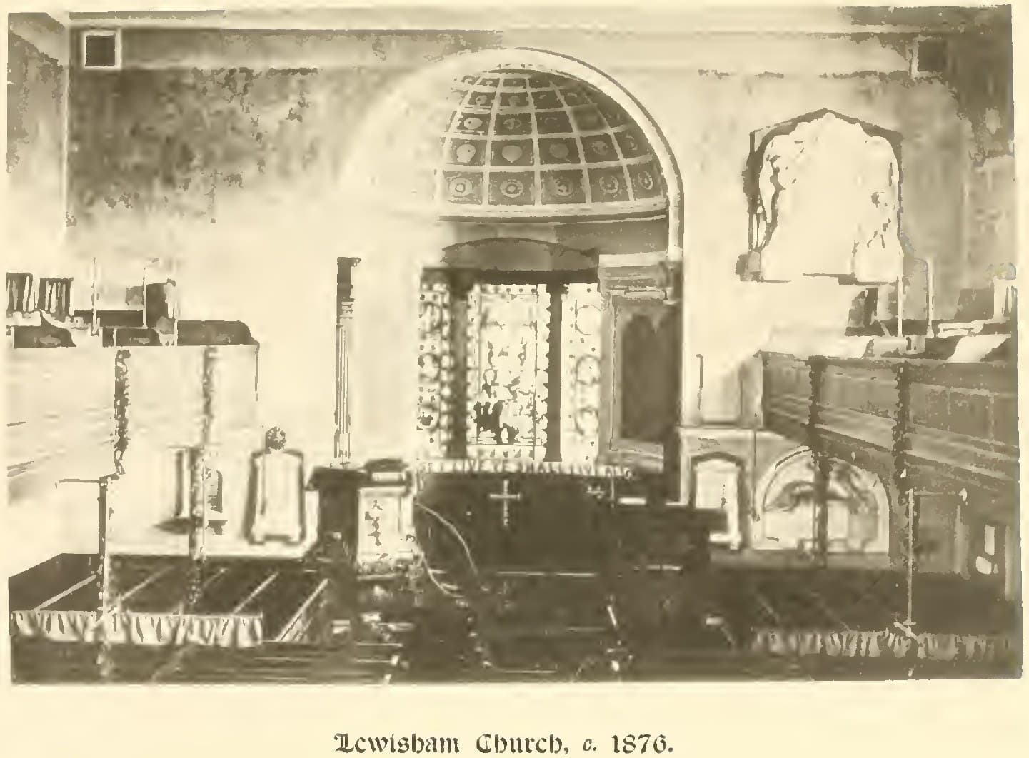 A photograph of the church interior about 1876, looking east to a semi-circular apse with a coffered half-dome above the altar.