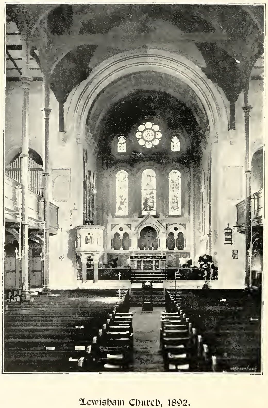 A photograph of the church interior in October 1892, looking east down the nave to the chancel built in 1882.