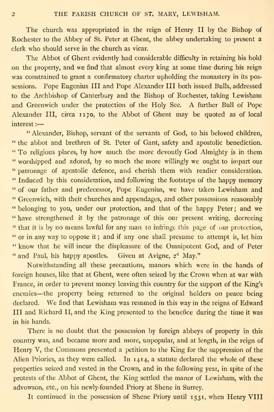 A printed page from Duncan's history of 1892, headed 'The Parish Church of St Mary, Lewisham', quoting in full a bull of Pope Alexander III taking Lewisham and Greenwich under the protection of the Holy See.