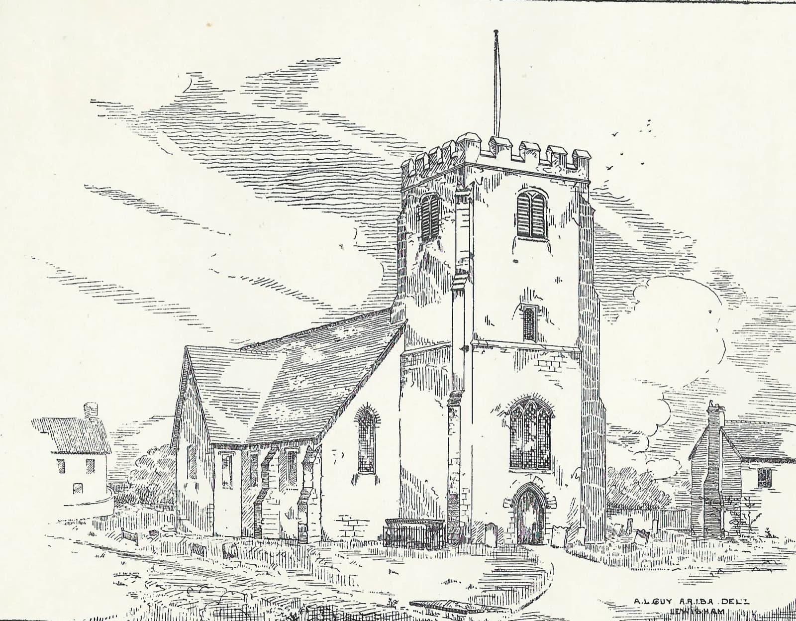 A pen drawing of a medieval church: an embattled tower with a large traceried window over the west door, a low nave with a lean-to aisle, and cottages and table tombs around it.