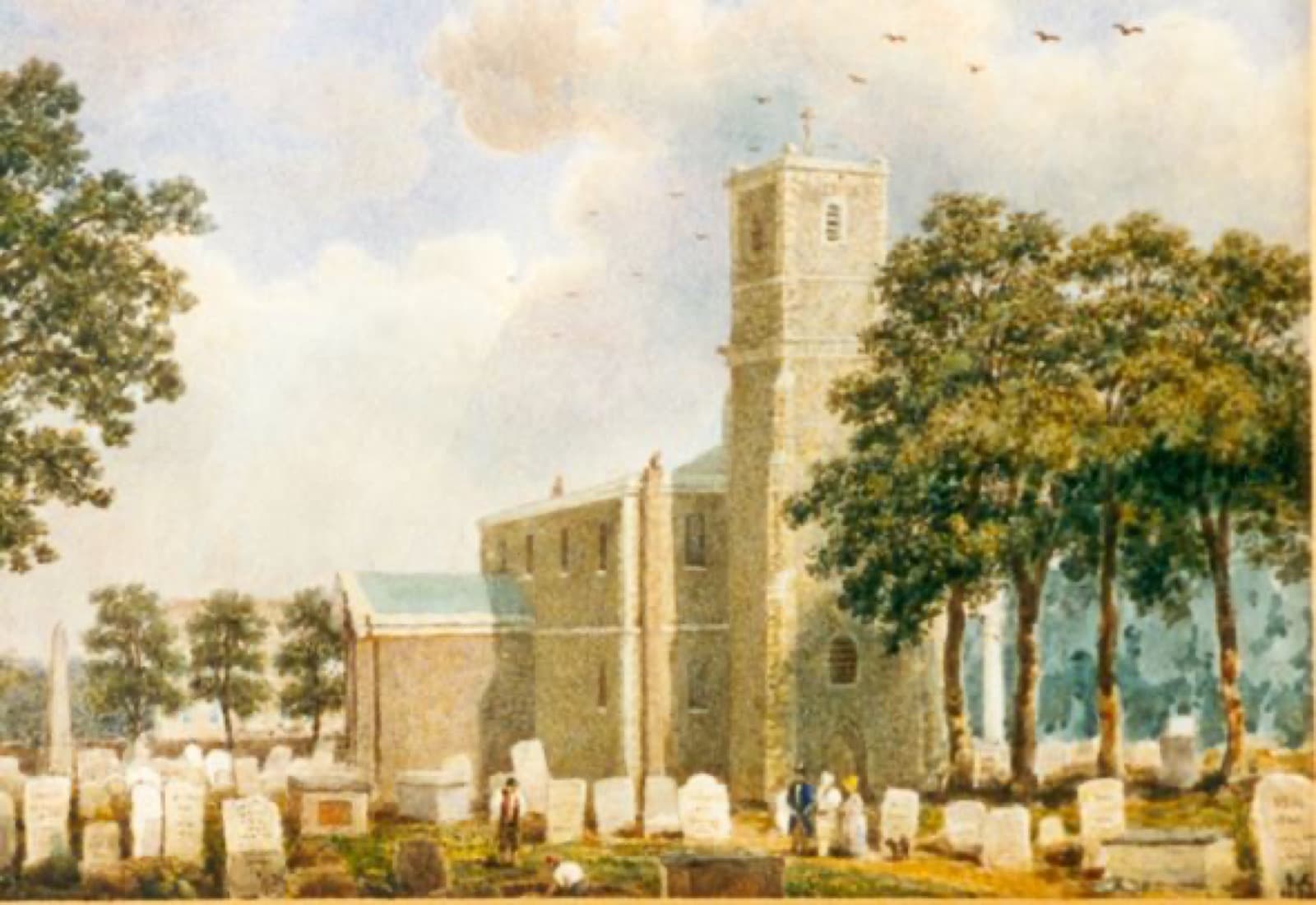 A watercolour of the church: a stone tower, a low body with round-headed windows, gravestones and figures in the churchyard, trees behind.