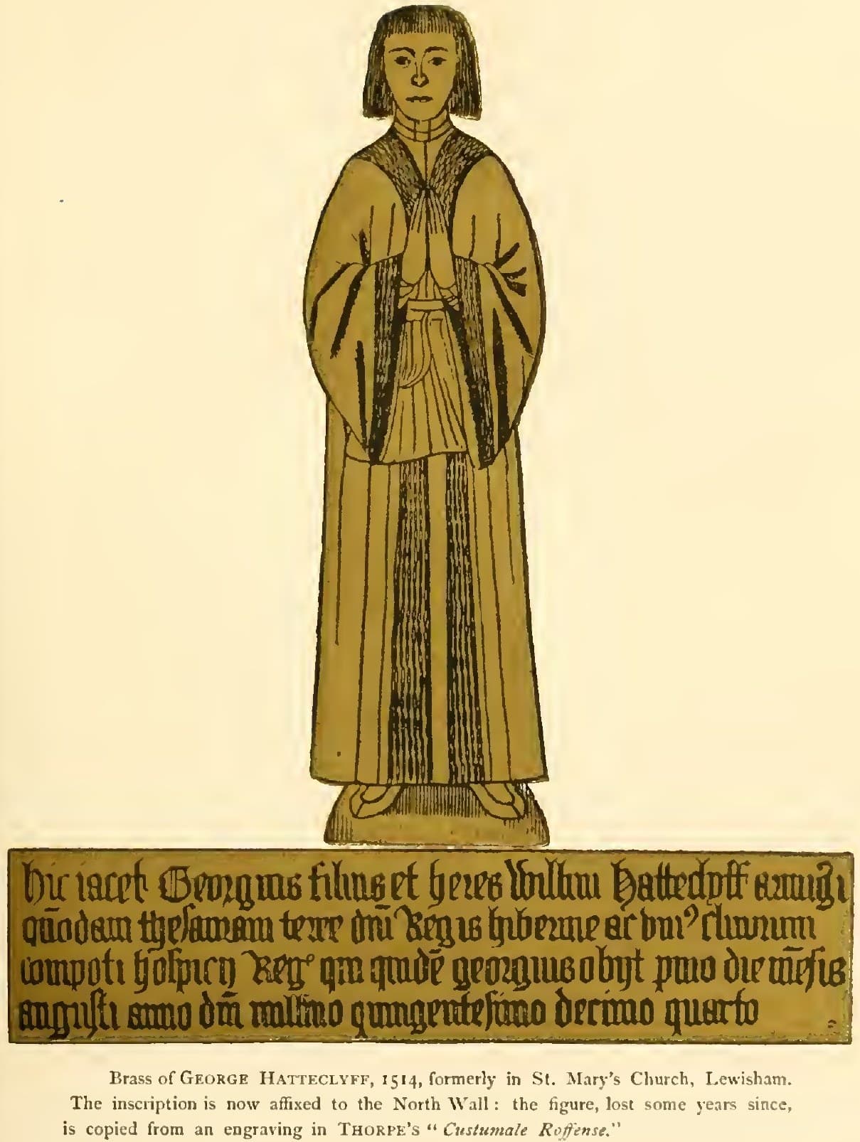 A coloured engraving of a memorial brass: a young man in a long gown with his hands together in prayer, above a Latin inscription in Gothic lettering.