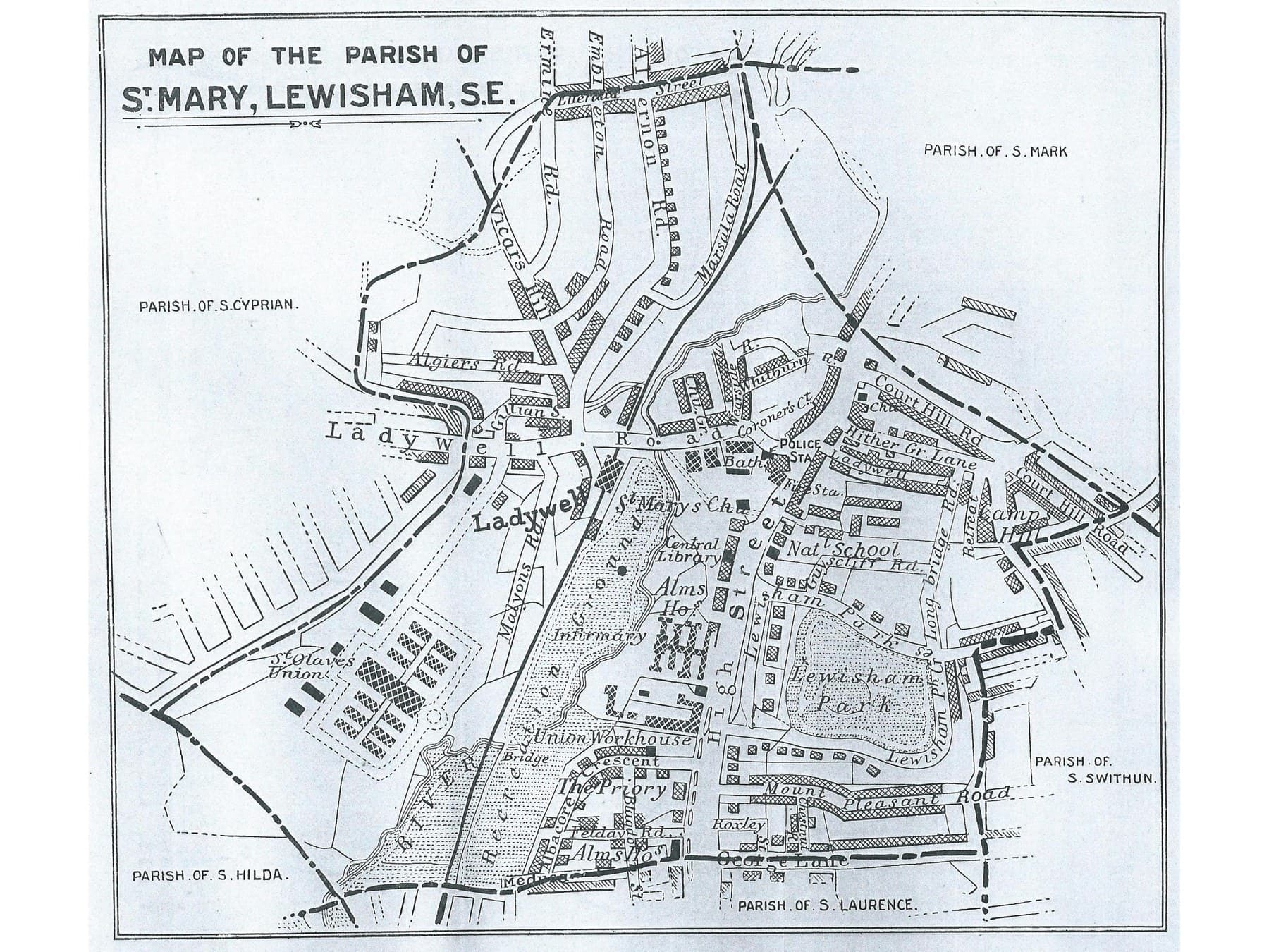 A printed map titled Map of the Parish of St Mary, Lewisham, S.E. A dashed boundary encloses the streets around Lewisham High Street and Ladywell, with St Mary's Church, the Central Library, the Alms Houses, the Infirmary, the Union Workhouse, the Priory and Lewisham Park marked inside it, and the River Ravensbourne running down the middle. The surrounding parishes of St Cyprian, St Mark, St Swithun, St Laurence and St Hilda are named outside the line.